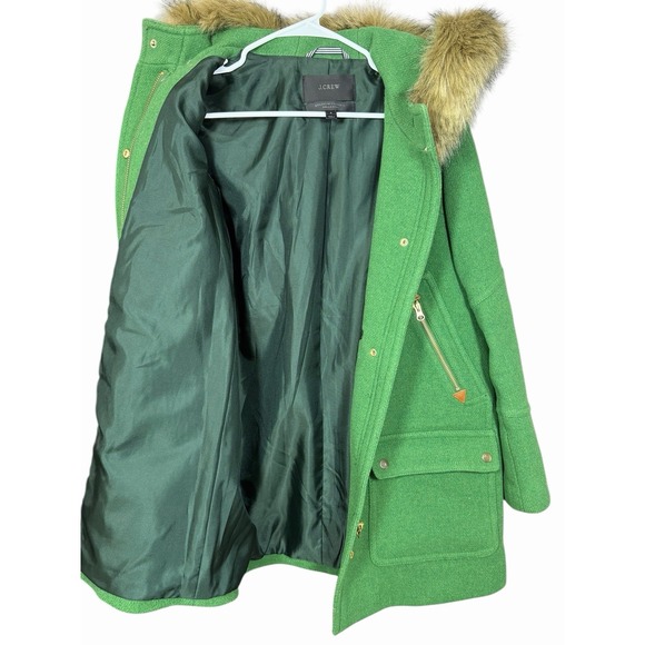 J.Crew Chateau Parka Italian Stadium-Cloth Wool Coat Fur Hood Green Size 6 - Picture 10 of 13